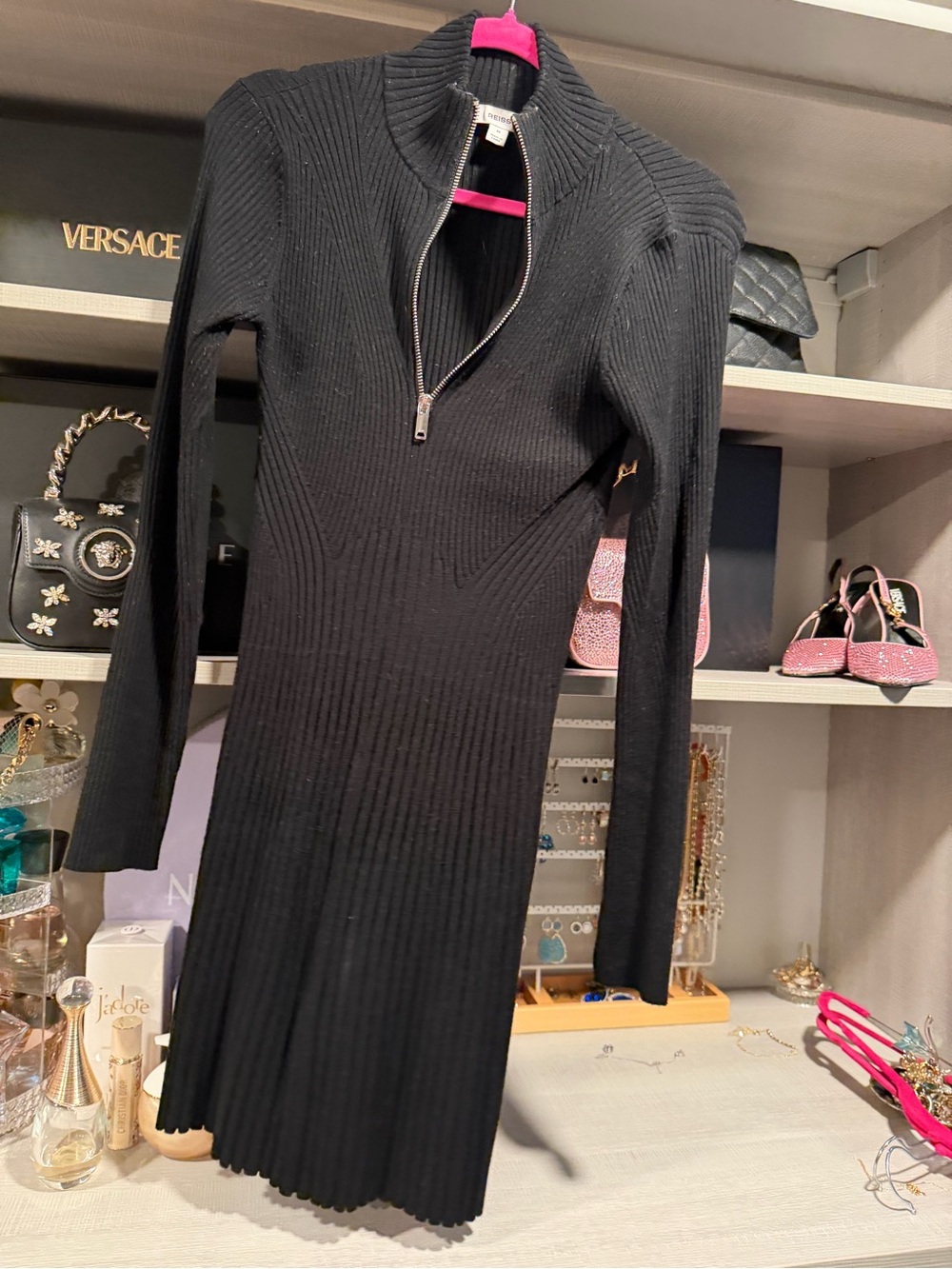 Reiss Black Ribbed Zip-Front Long Sleeve Knit Dress